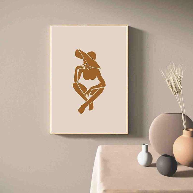 Woman with Floppy Hat Canvas Minimalist Stylish Fashion Drawing Wall Art in Brown Brown Clearhalo 'Art Gallery' 'Canvas Art' 'Contemporary Art Gallery' 'Contemporary Art' 'Minimalism' 'Minimalist Art Gallery' 'Scandinavian' Arts' 1705583