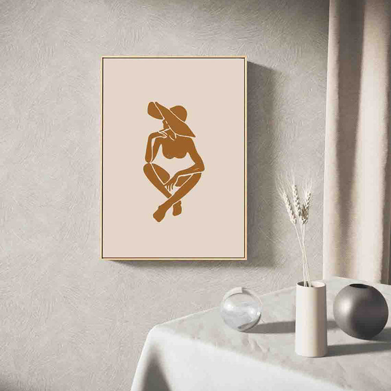 Woman with Floppy Hat Canvas Minimalist Stylish Fashion Drawing Wall Art in Brown Clearhalo 'Art Gallery' 'Canvas Art' 'Contemporary Art Gallery' 'Contemporary Art' 'Minimalism' 'Minimalist Art Gallery' 'Scandinavian' Arts' 1705584