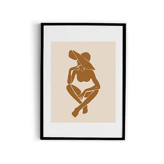 Woman with Floppy Hat Canvas Minimalist Stylish Fashion Drawing Wall Art in Brown Clearhalo 'Art Gallery' 'Canvas Art' 'Contemporary Art Gallery' 'Contemporary Art' 'Minimalism' 'Minimalist Art Gallery' 'Scandinavian' Arts' 1705586