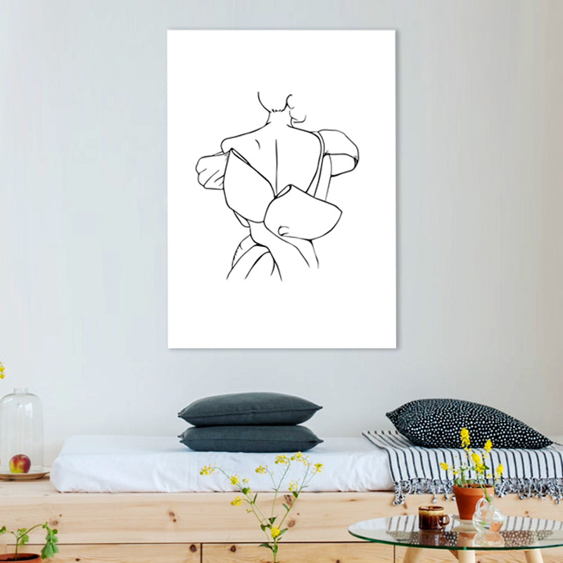 White Minimal Canvas Print Line Drawing Back of Woman in Formal Dress Wall Art for Home White Clearhalo 'Art Gallery' 'Canvas Art' 'Contemporary Art Gallery' 'Contemporary Art' 'Minimalism' 'Minimalist Art Gallery' 'Scandinavian' Arts' 1705590