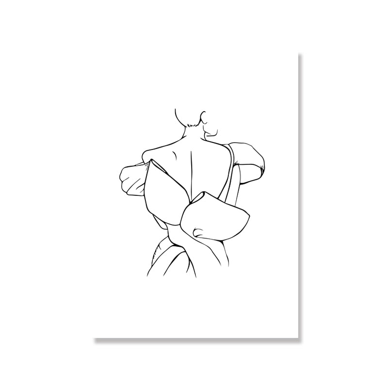 White Minimal Canvas Print Line Drawing Back of Woman in Formal Dress Wall Art for Home Clearhalo 'Art Gallery' 'Canvas Art' 'Contemporary Art Gallery' 'Contemporary Art' 'Minimalism' 'Minimalist Art Gallery' 'Scandinavian' Arts' 1705593
