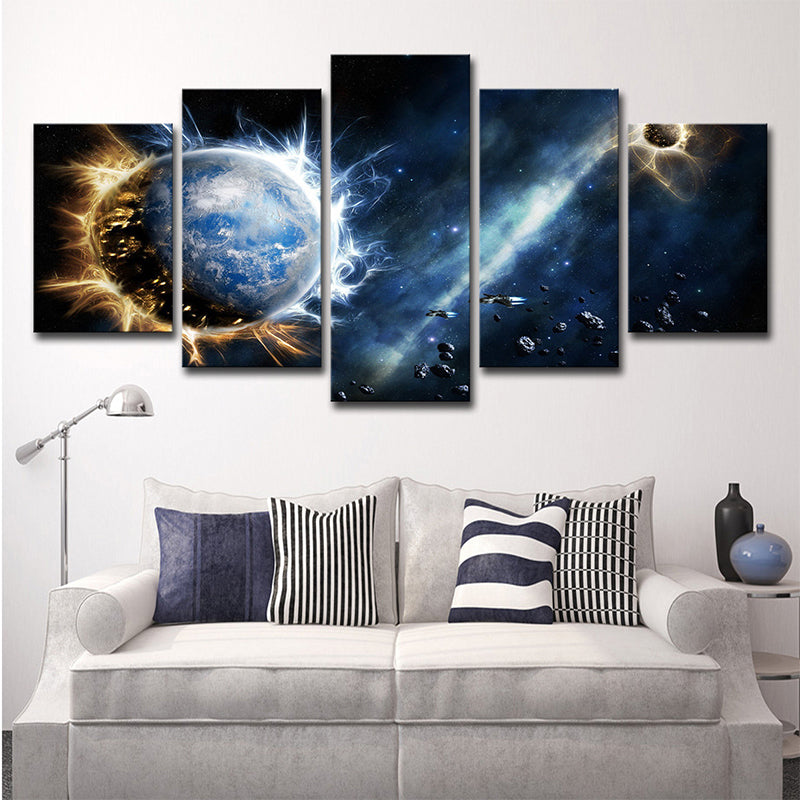 Dark Blue Sci-Fi Canvas Print Aerolite and Planet Wall Art for Childrens Bedroom Dark Blue Clearhalo 'Art Gallery' 'Canvas Art' 'Kids' Arts' 1705611