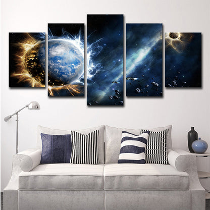Dark Blue Sci-Fi Canvas Print Aerolite and Planet Wall Art for Childrens Bedroom Dark Blue Clearhalo 'Art Gallery' 'Canvas Art' 'Kids' Arts' 1705611