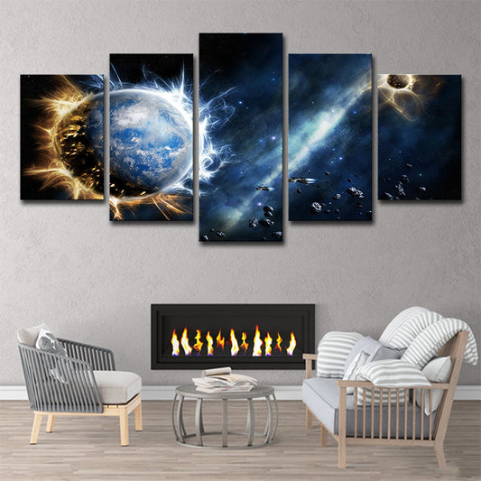 Dark Blue Sci-Fi Canvas Print Aerolite and Planet Wall Art for Childrens Bedroom Clearhalo 'Art Gallery' 'Canvas Art' 'Kids' Arts' 1705612