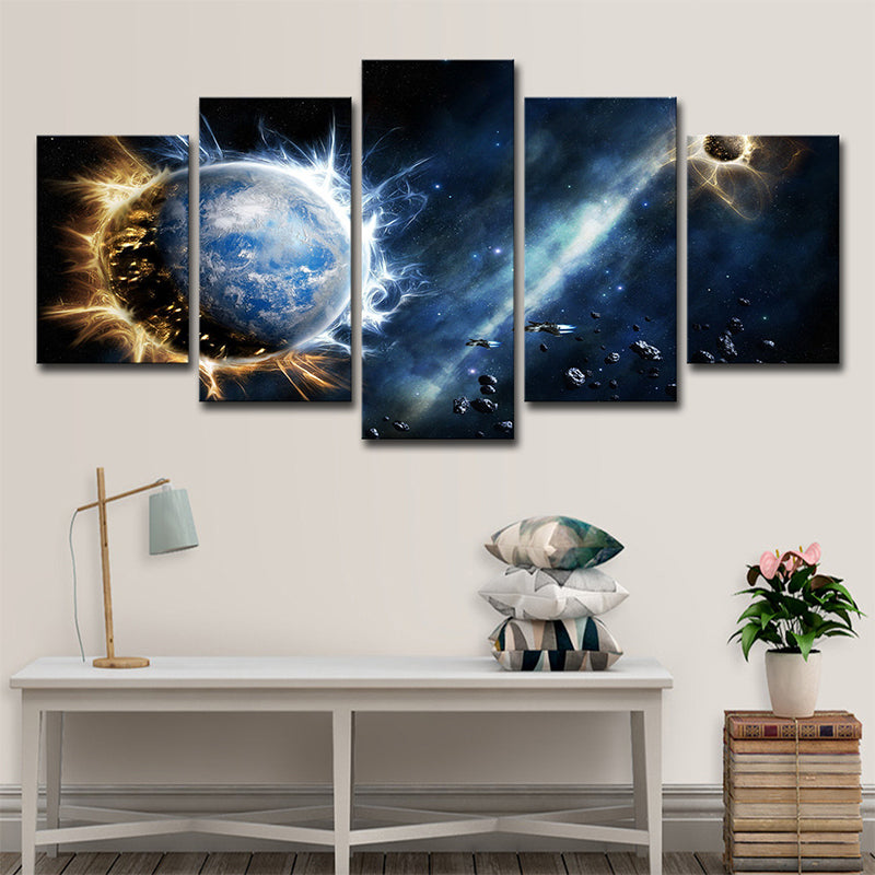 Dark Blue Sci-Fi Canvas Print Aerolite and Planet Wall Art for Childrens Bedroom Clearhalo 'Art Gallery' 'Canvas Art' 'Kids' Arts' 1705613