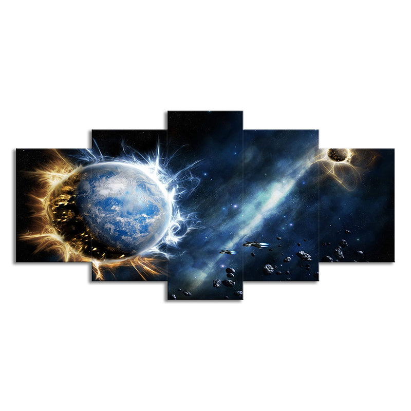Dark Blue Sci-Fi Canvas Print Aerolite and Planet Wall Art for Childrens Bedroom Clearhalo 'Art Gallery' 'Canvas Art' 'Kids' Arts' 1705614