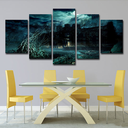 Stormy Night Castle Canvas Art Kids Dreary Fantasy Wall Decor in Green for Living Room Green Clearhalo 'Art Gallery' 'Canvas Art' 'Kids' Arts' 1705625