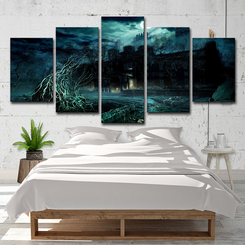 Stormy Night Castle Canvas Art Kids Dreary Fantasy Wall Decor in Green for Living Room Clearhalo 'Art Gallery' 'Canvas Art' 'Kids' Arts' 1705626