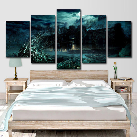 Stormy Night Castle Canvas Art Kids Dreary Fantasy Wall Decor in Green for Living Room Clearhalo 'Art Gallery' 'Canvas Art' 'Kids' Arts' 1705627