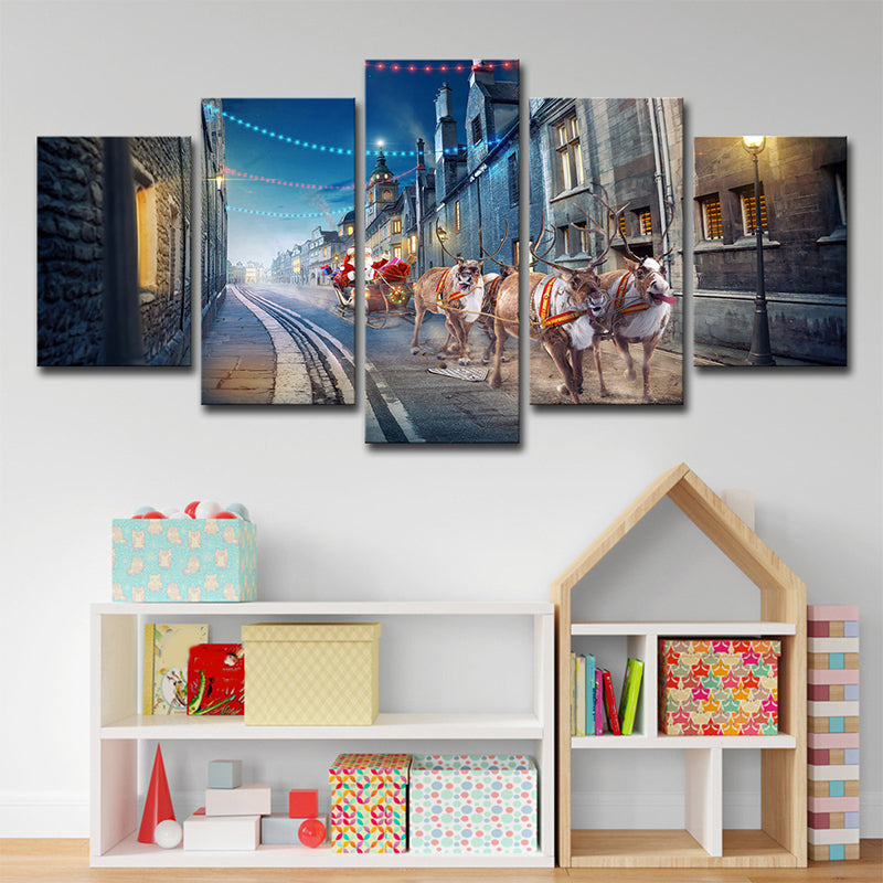 Kids Christmas Santa Canvas Print Blue Multi-Piece Wall Art for House Interior Blue Clearhalo 'Art Gallery' 'Canvas Art' 'Kids' Arts' 1705642