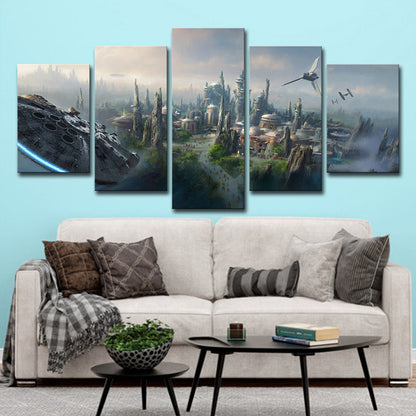 Blue Star War Scene Canvas Art Cityscape Futuristic Multi-Piece Wall Decor for Home Blue Clearhalo 'Art Gallery' 'Canvas Art' 'Kids' Arts' 1705663