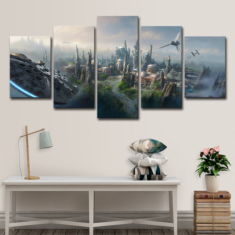 Blue Star War Scene Canvas Art Cityscape Futuristic Multi-Piece Wall Decor for Home Clearhalo 'Art Gallery' 'Canvas Art' 'Kids' Arts' 1705665