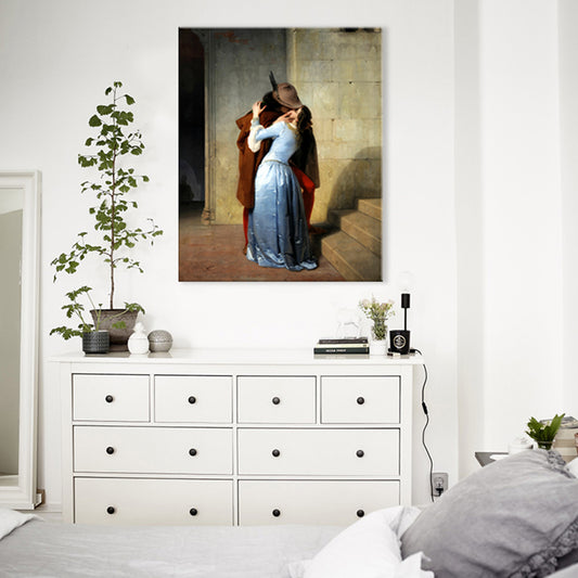 Kissing Couple Canvas Wall Art Rustic Textured Painting in Blue (Multiple Size Options) Clearhalo 'Arts' 'Canvas Art' 1705694
