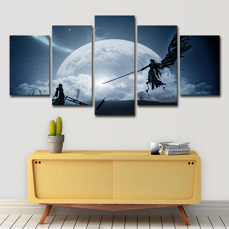 Kids Moon Night Fight Canvas Dark Blue Final Fantasy Game Scene Wall Art Decor for Room Dark Blue Clearhalo 'Art Gallery' 'Canvas Art' 'Kids' Arts' 1705752