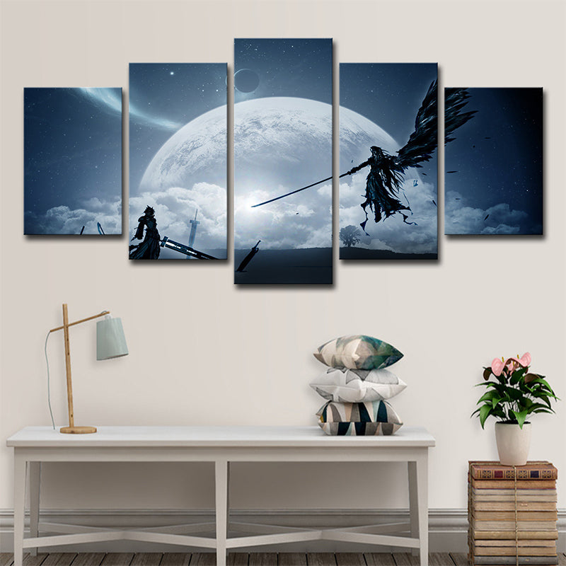 Kids Moon Night Fight Canvas Dark Blue Final Fantasy Game Scene Wall Art Decor for Room Clearhalo 'Art Gallery' 'Canvas Art' 'Kids' Arts' 1705754
