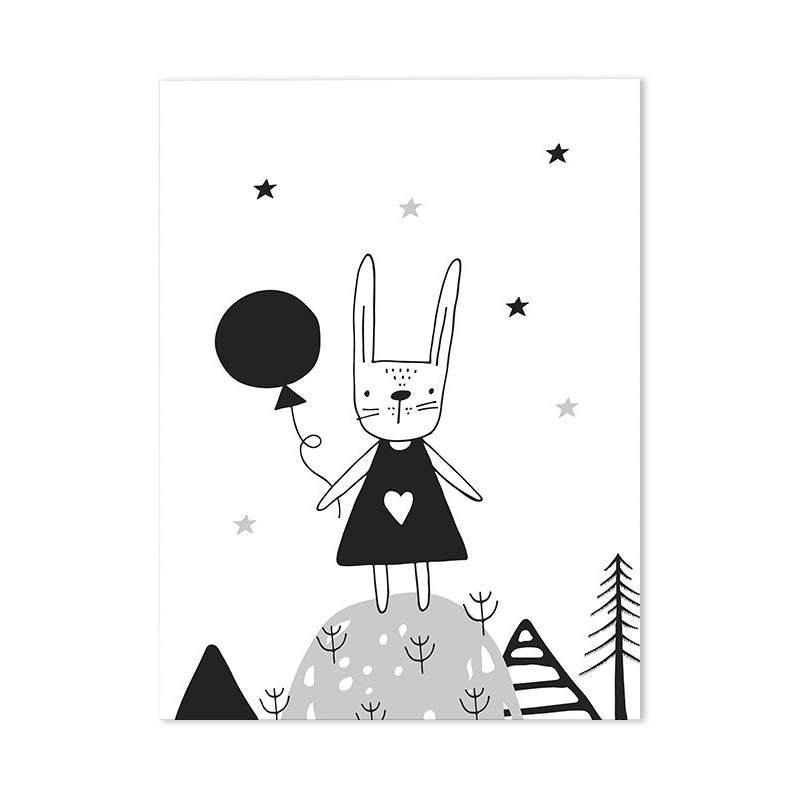 Cartoon Sweet Night Wall Art Black and White Animal Pattern Canvas for Bedroom Clearhalo 'Art Gallery' 'Canvas Art' 'Contemporary Art Gallery' 'Contemporary Art' 'Minimalism' 'Minimalist Art Gallery' 'Scandinavian' Arts' 1705773
