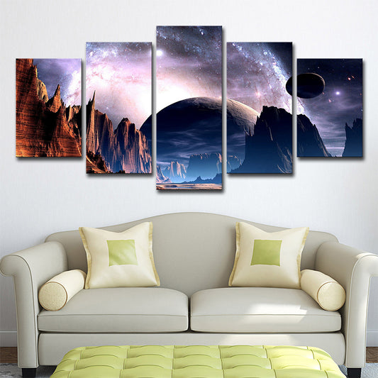 Planet and Mountain Landscape Canvas Purple Sci-Fi Wall Art for House Interior Purple Clearhalo 'Art Gallery' 'Canvas Art' 'Kids' Arts' 1705829
