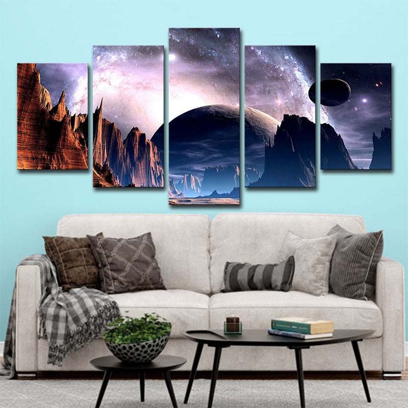 Planet and Mountain Landscape Canvas Purple Sci-Fi Wall Art for House Interior Clearhalo 'Art Gallery' 'Canvas Art' 'Kids' Arts' 1705830