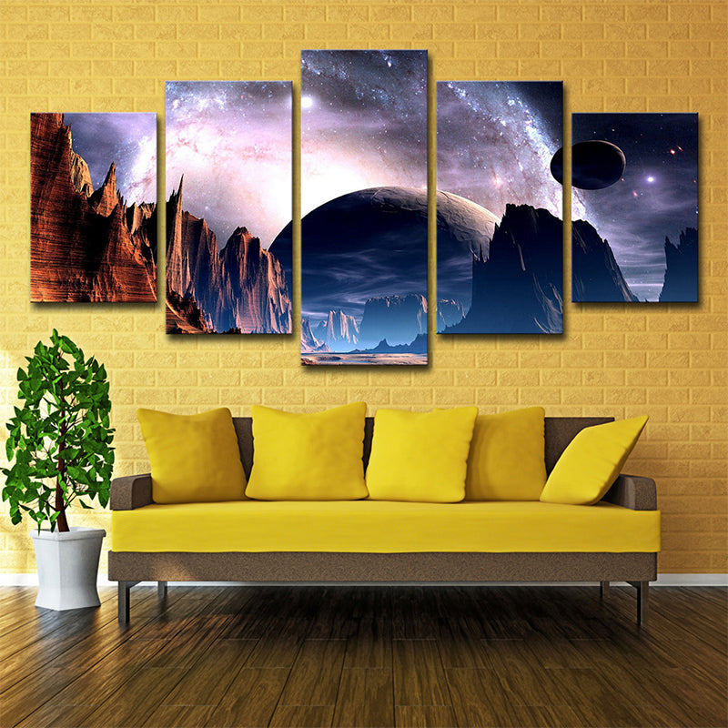 Planet and Mountain Landscape Canvas Purple Sci-Fi Wall Art for House Interior Clearhalo 'Art Gallery' 'Canvas Art' 'Kids' Arts' 1705831