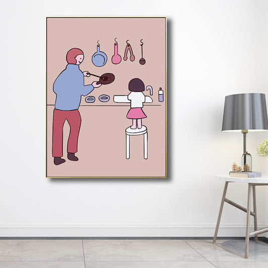 Pink Kids Wall Art Drawing Print Mom and Her Baby Girl Canvas for Dining Room Pink Clearhalo 'Art Gallery' 'Canvas Art' 'Kids' Arts' 1705836