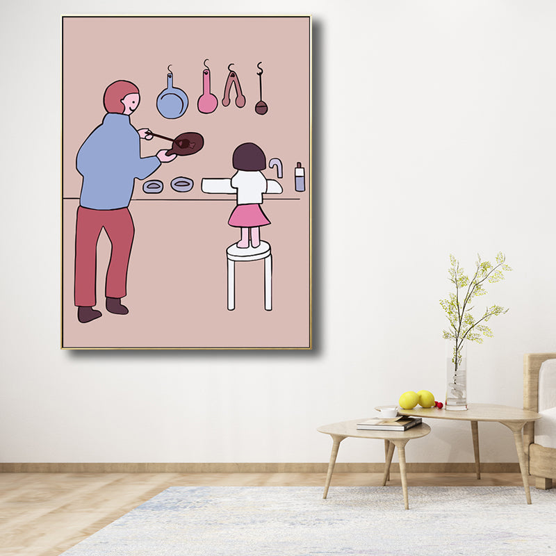 Pink Kids Wall Art Drawing Print Mom and Her Baby Girl Canvas for Dining Room Clearhalo 'Art Gallery' 'Canvas Art' 'Kids' Arts' 1705837