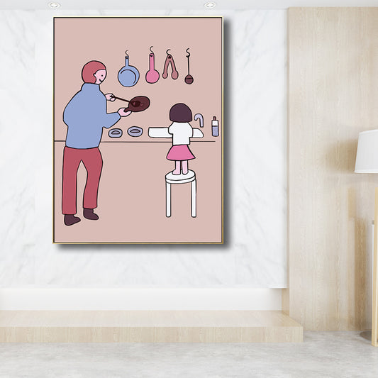 Pink Kids Wall Art Drawing Print Mom and Her Baby Girl Canvas for Dining Room Clearhalo 'Art Gallery' 'Canvas Art' 'Kids' Arts' 1705838