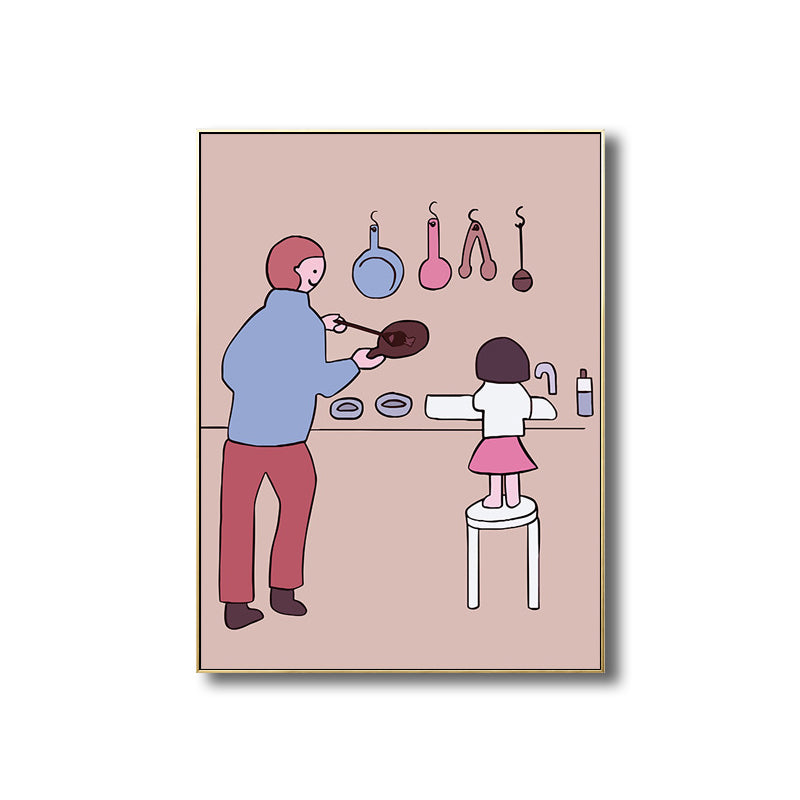Pink Kids Wall Art Drawing Print Mom and Her Baby Girl Canvas for Dining Room Clearhalo 'Art Gallery' 'Canvas Art' 'Kids' Arts' 1705839