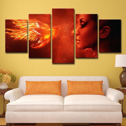 Orange Red Modern Canvas Art Digital Print Woman and Phoenix Wall Decor for Room Red Clearhalo 'Art Gallery' 'Canvas Art' 'Contemporary Art Gallery' 'Modern' Arts' 1705904