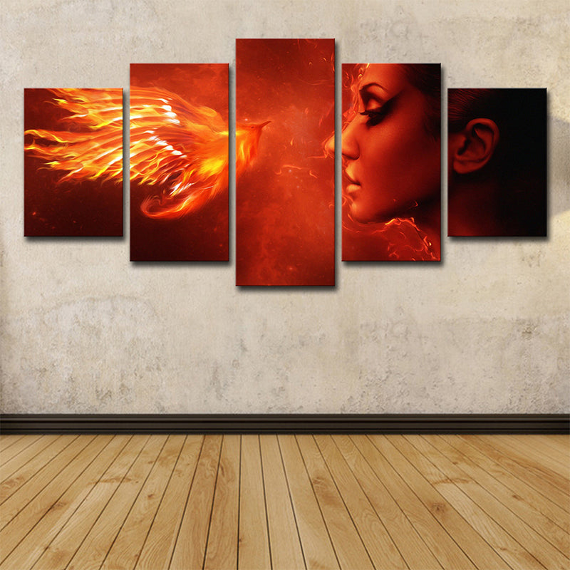 Orange Red Modern Canvas Art Digital Print Woman and Phoenix Wall Decor for Room Clearhalo 'Art Gallery' 'Canvas Art' 'Contemporary Art Gallery' 'Modern' Arts' 1705905