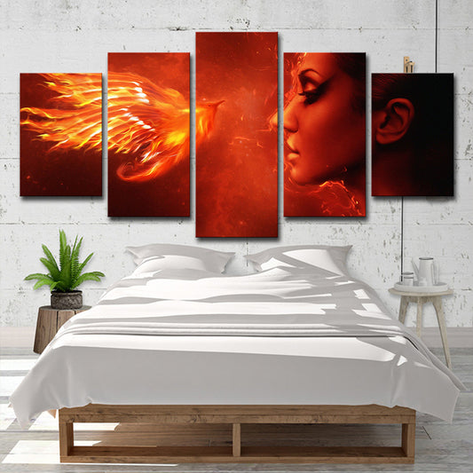 Orange Red Modern Canvas Art Digital Print Woman and Phoenix Wall Decor for Room Clearhalo 'Art Gallery' 'Canvas Art' 'Contemporary Art Gallery' 'Modern' Arts' 1705906