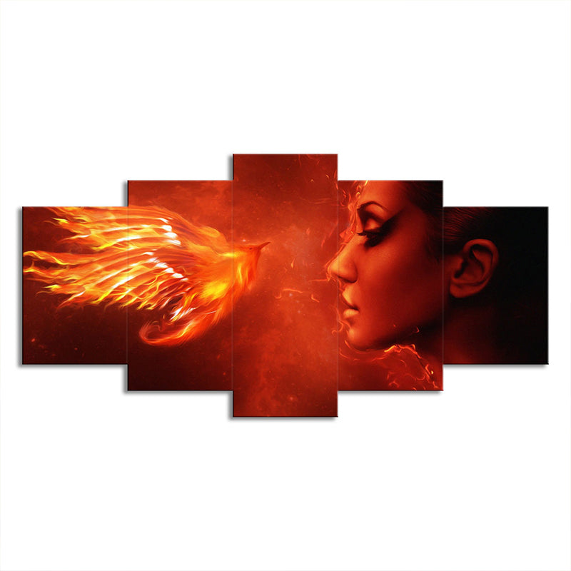 Orange Red Modern Canvas Art Digital Print Woman and Phoenix Wall Decor for Room Clearhalo 'Art Gallery' 'Canvas Art' 'Contemporary Art Gallery' 'Modern' Arts' 1705907