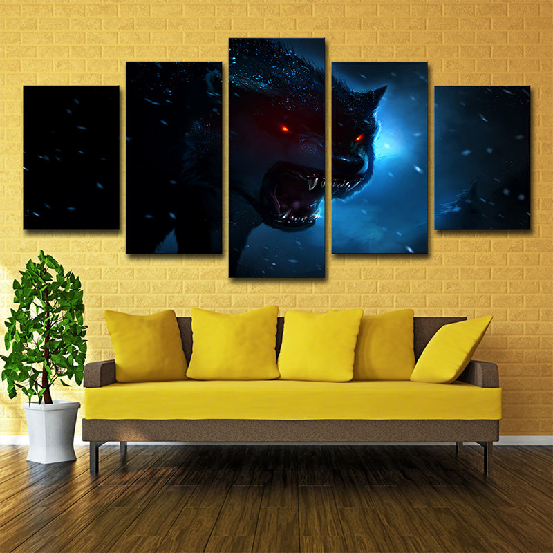 Dark Blue Night Wolf Art Print Multi-Piece Modern Style Boys Bedroom Wall Decoration Clearhalo 'Art Gallery' 'Canvas Art' 'Contemporary Art Gallery' 'Modern' Arts' 1706030