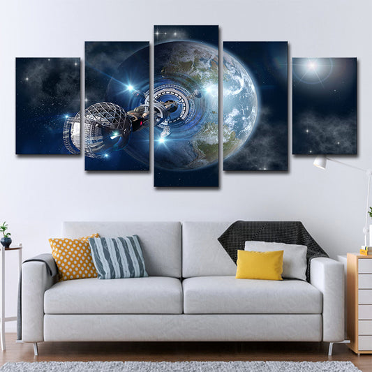 Fictional Earth Space Station Art Print Canvas Multi-Piece Dark Blue Wall Decor for Room Dark Blue Clearhalo 'Art Gallery' 'Canvas Art' 'Kids' Arts' 1706095