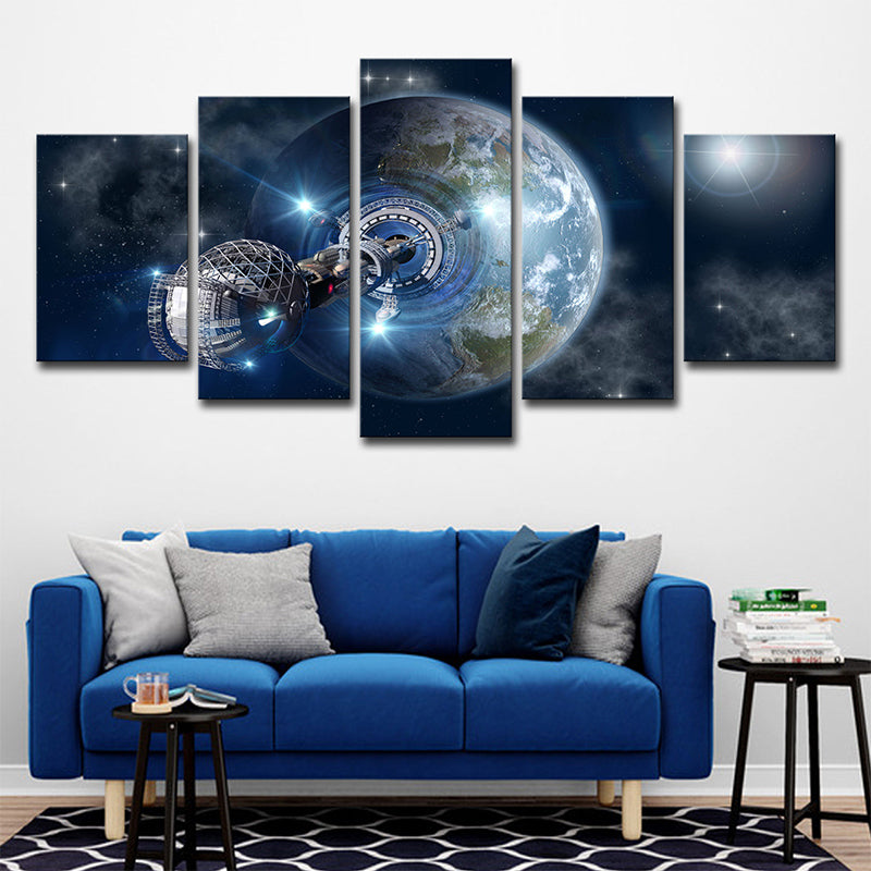 Fictional Earth Space Station Art Print Canvas Multi-Piece Dark Blue Wall Decor for Room Clearhalo 'Art Gallery' 'Canvas Art' 'Kids' Arts' 1706096