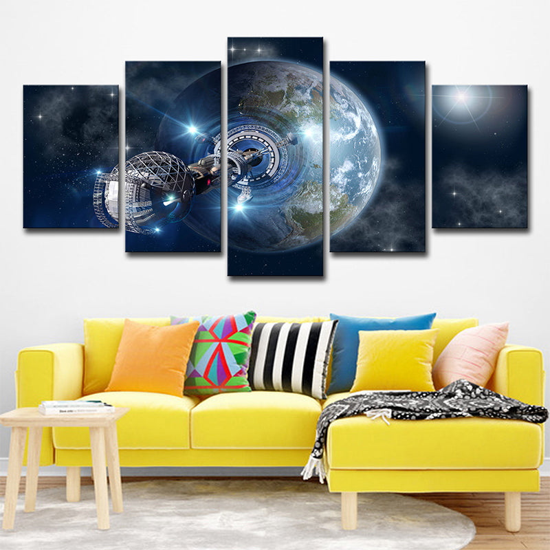 Fictional Earth Space Station Art Print Canvas Multi-Piece Dark Blue Wall Decor for Room Clearhalo 'Art Gallery' 'Canvas Art' 'Kids' Arts' 1706097