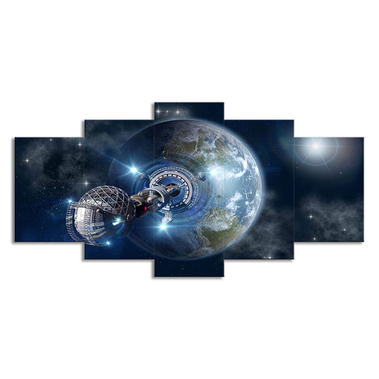 Fictional Earth Space Station Art Print Canvas Multi-Piece Dark Blue Wall Decor for Room Clearhalo 'Art Gallery' 'Canvas Art' 'Kids' Arts' 1706098