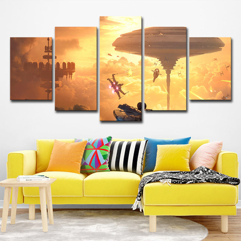 Futuristic Star War Battlefield Art Print Yellow Multi-Piece Wall Decor for Living Room Yellow Clearhalo 'Art Gallery' 'Canvas Art' 'Kids' Arts' 1706267