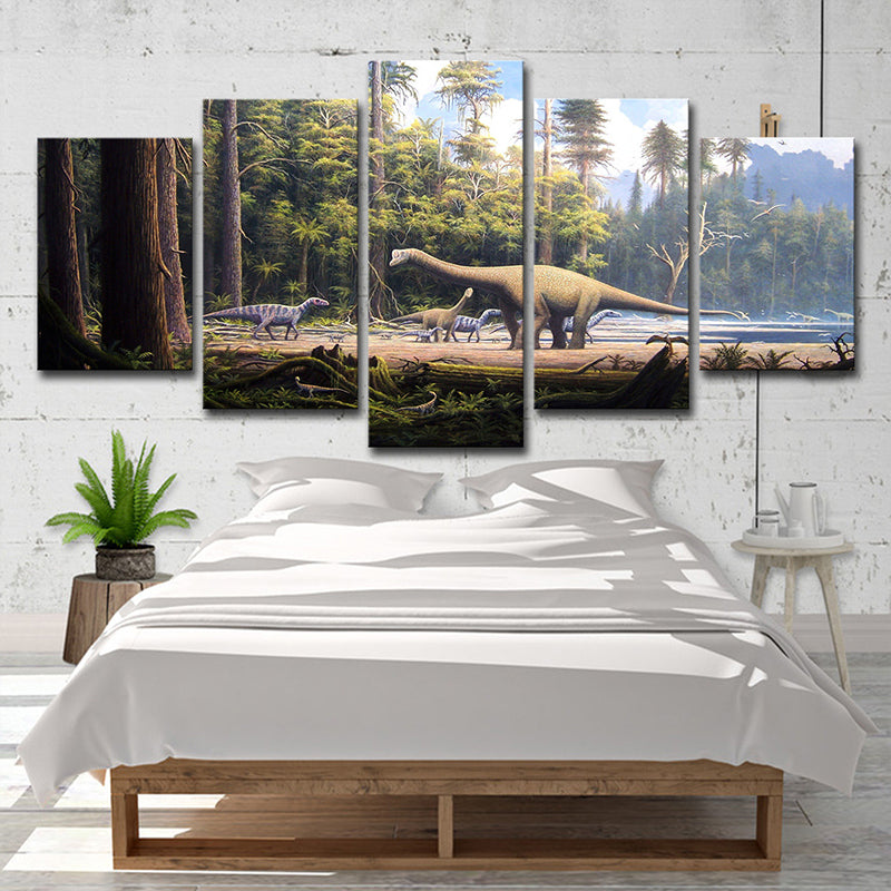 Dinosaur in Forest Canvas Art Fictional Realistic Fantasy Wall Decor in Brown-Green Clearhalo 'Art Gallery' 'Canvas Art' 'Kids' Arts' 1706275