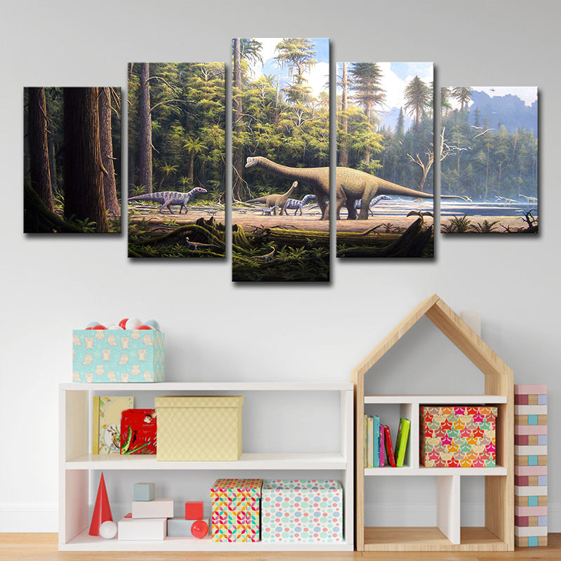 Dinosaur in Forest Canvas Art Fictional Realistic Fantasy Wall Decor in Brown-Green Clearhalo 'Art Gallery' 'Canvas Art' 'Kids' Arts' 1706276