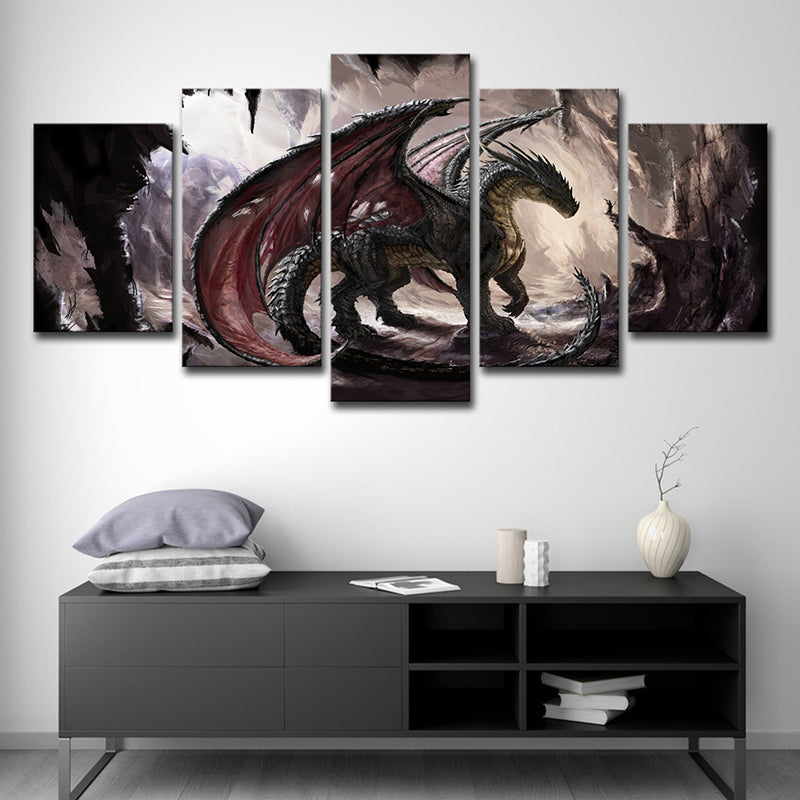 Fantasy Dragon Wall Art for Teenage Room Video Game Scene Canvas Print in Brown-Red Brown Clearhalo 'Art Gallery' 'Canvas Art' 'Kids' Arts' 1706349