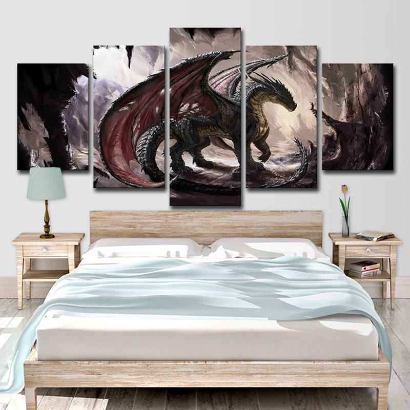 Fantasy Dragon Wall Art for Teenage Room Video Game Scene Canvas Print in Brown-Red Clearhalo 'Art Gallery' 'Canvas Art' 'Kids' Arts' 1706351