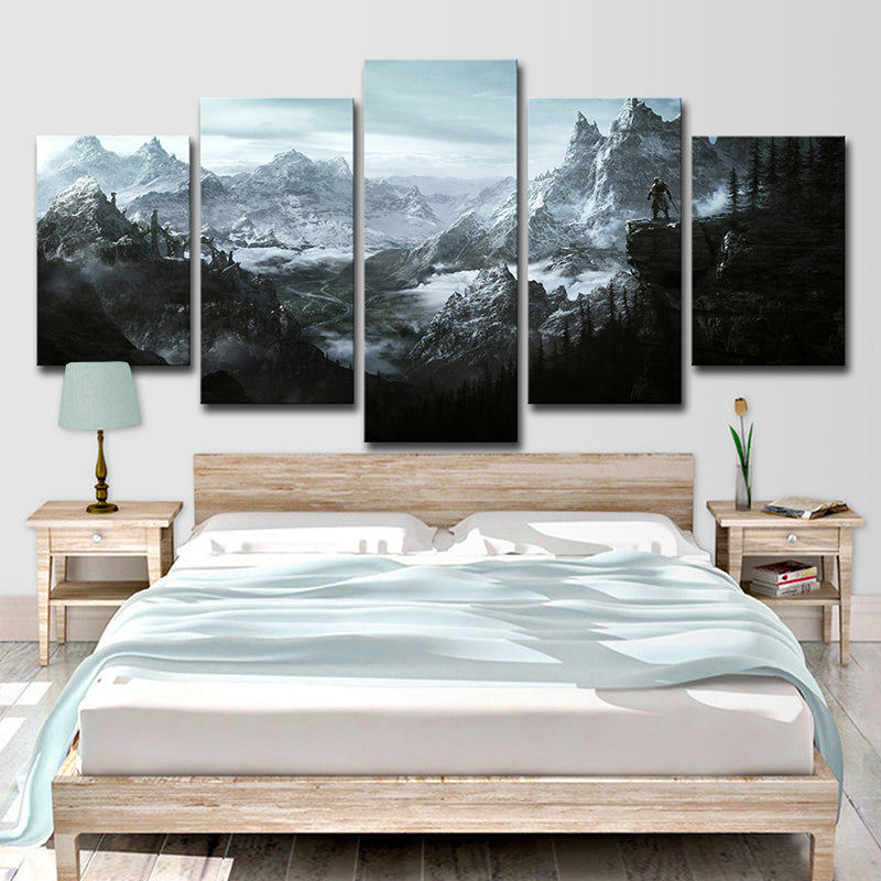 Elder Scrolls Mountains Wall Art Boys Bedroom Game Scene Print Canvas in Grey for Decor Clearhalo 'Art Gallery' 'Canvas Art' 'Kids' Arts' 1706442