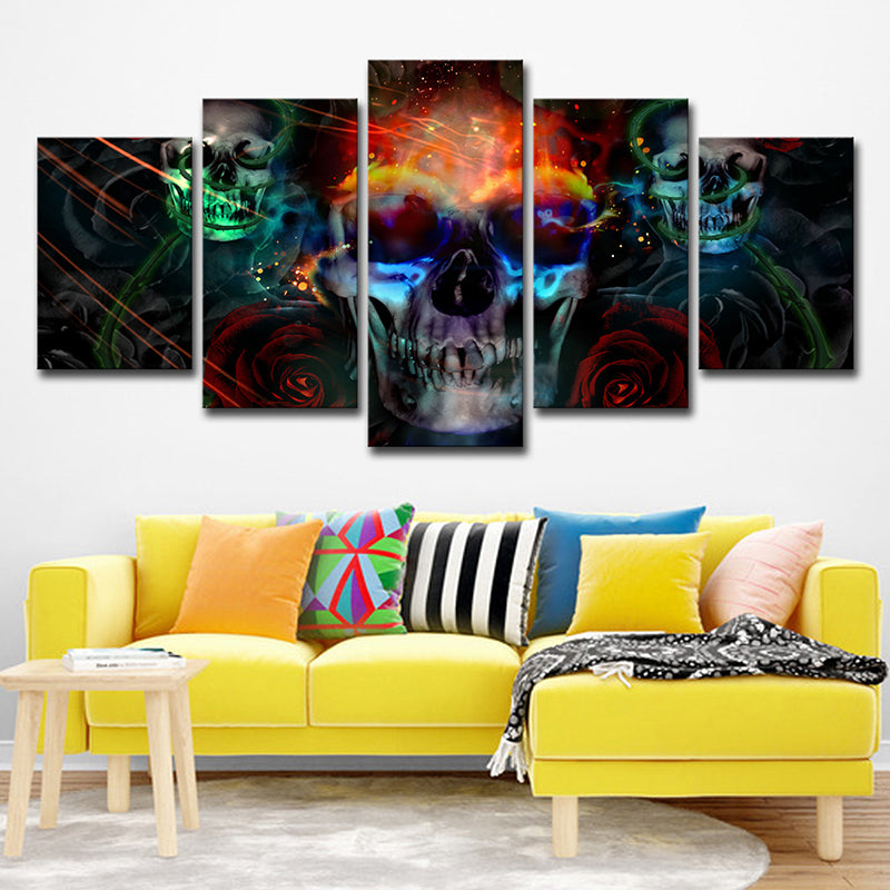 Multicolored Skull Skeleton Wall Art Multi-Piece Kids Style Bedroom Canvas Print on Black Clearhalo 'Art Gallery' 'Canvas Art' 'Kids' Arts' 1706460