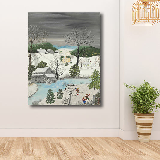 Children in the Snow Painting White Vintage Wall Art Decor for Bedroom (Multiple Size Options) White Clearhalo 'Art Gallery' 'Canvas Art' 'Country Art Gallery' 'French Country' 'Rustic' Arts' 1706480