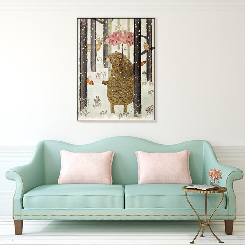 Fun Forest Bear Wall Art Kids Bedroom Animal Drawing Canvas Print in Pastel Color Brown Clearhalo 'Art Gallery' 'Canvas Art' 'Kids' Arts' 1706636