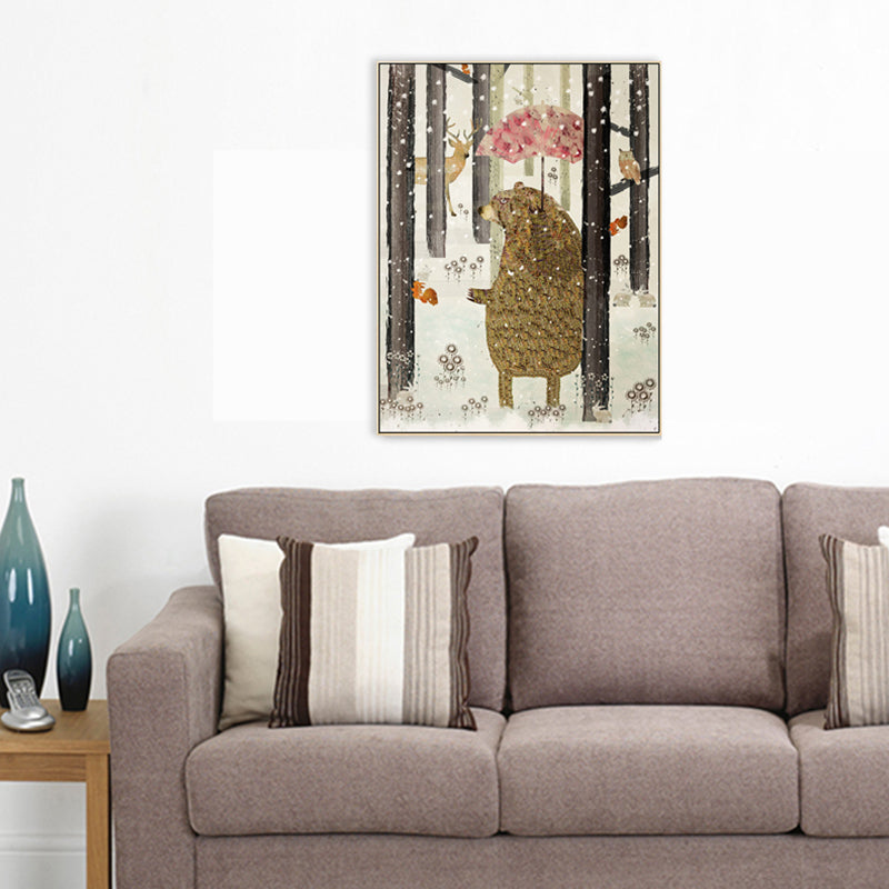 Fun Forest Bear Wall Art Kids Bedroom Animal Drawing Canvas Print in Pastel Color Clearhalo 'Art Gallery' 'Canvas Art' 'Kids' Arts' 1706637