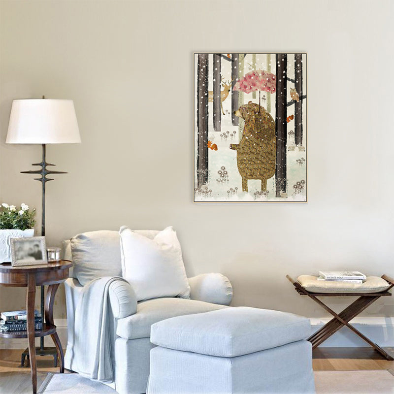 Fun Forest Bear Wall Art Kids Bedroom Animal Drawing Canvas Print in Pastel Color Clearhalo 'Art Gallery' 'Canvas Art' 'Kids' Arts' 1706638