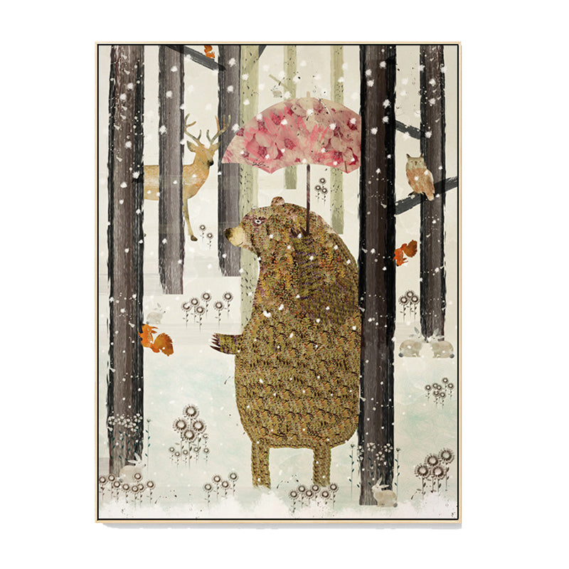 Fun Forest Bear Wall Art Kids Bedroom Animal Drawing Canvas Print in Pastel Color Clearhalo 'Art Gallery' 'Canvas Art' 'Kids' Arts' 1706639