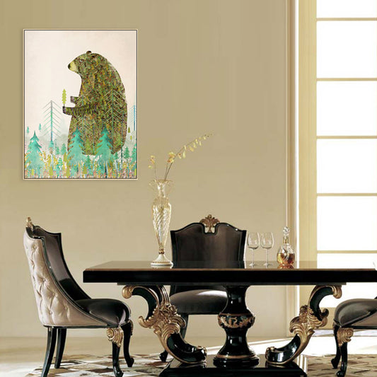 Fun Forest Bear Wall Art Kids Bedroom Animal Drawing Canvas Print in Pastel Color Green