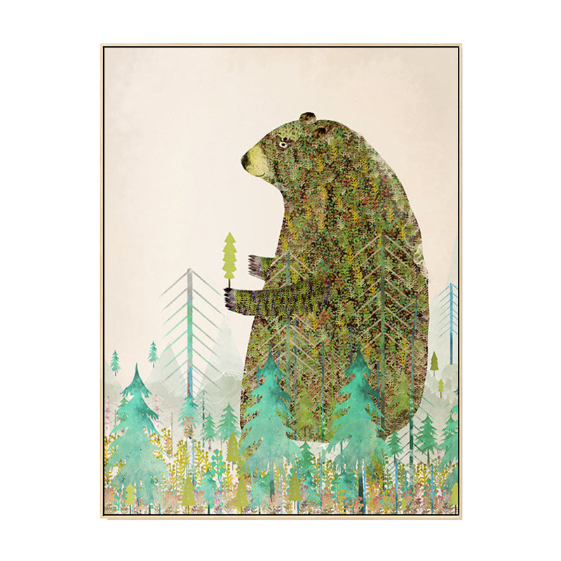 Fun Forest Bear Wall Art Kids Bedroom Animal Drawing Canvas Print in Pastel Color Clearhalo 'Art Gallery' 'Canvas Art' 'Kids' Arts' 1706646